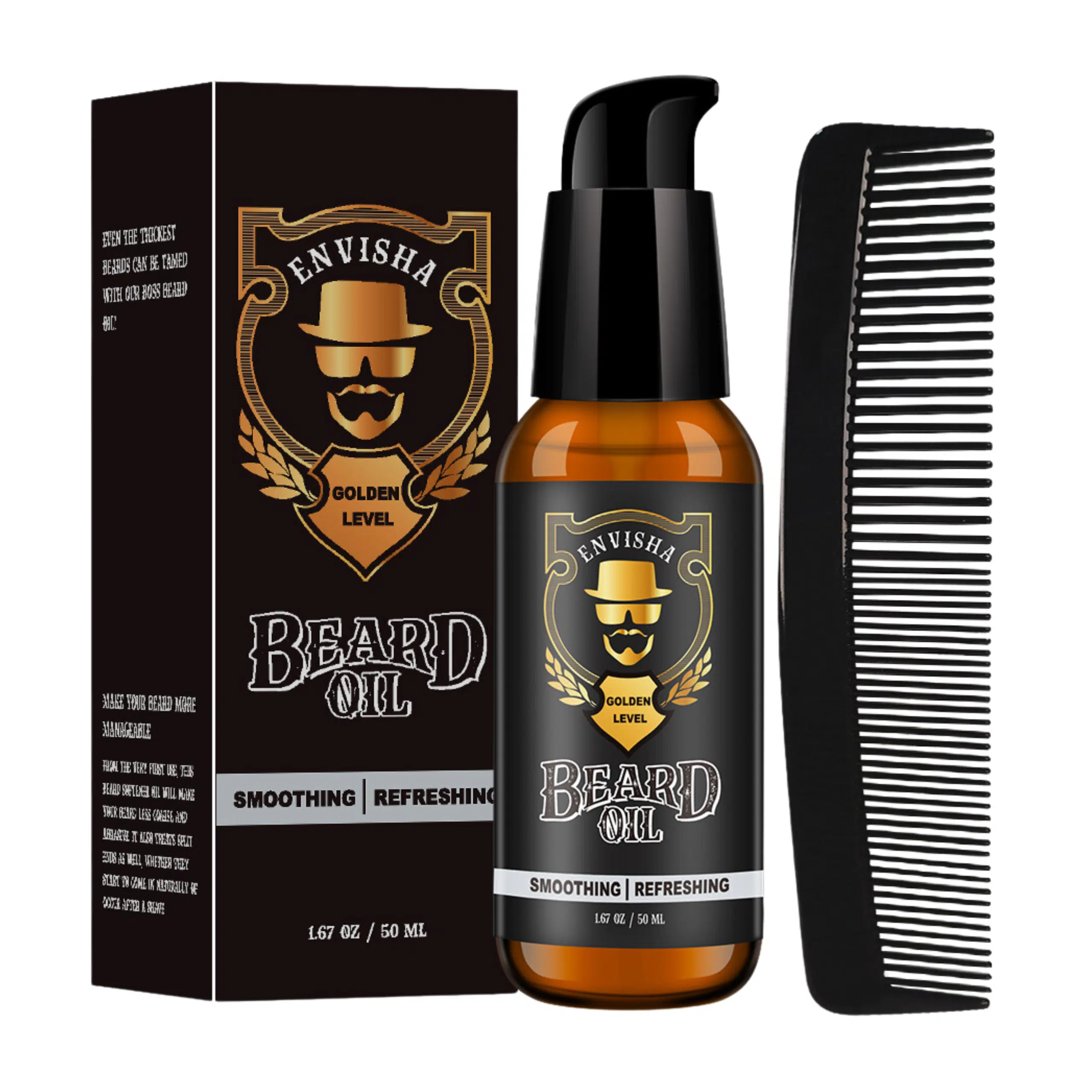 Design-fara-titlu-30-1.png Pachet ingrijire barba, Golden Level, ulei si pieptan, Envisha by Verilaria, 50ml - imagine 1