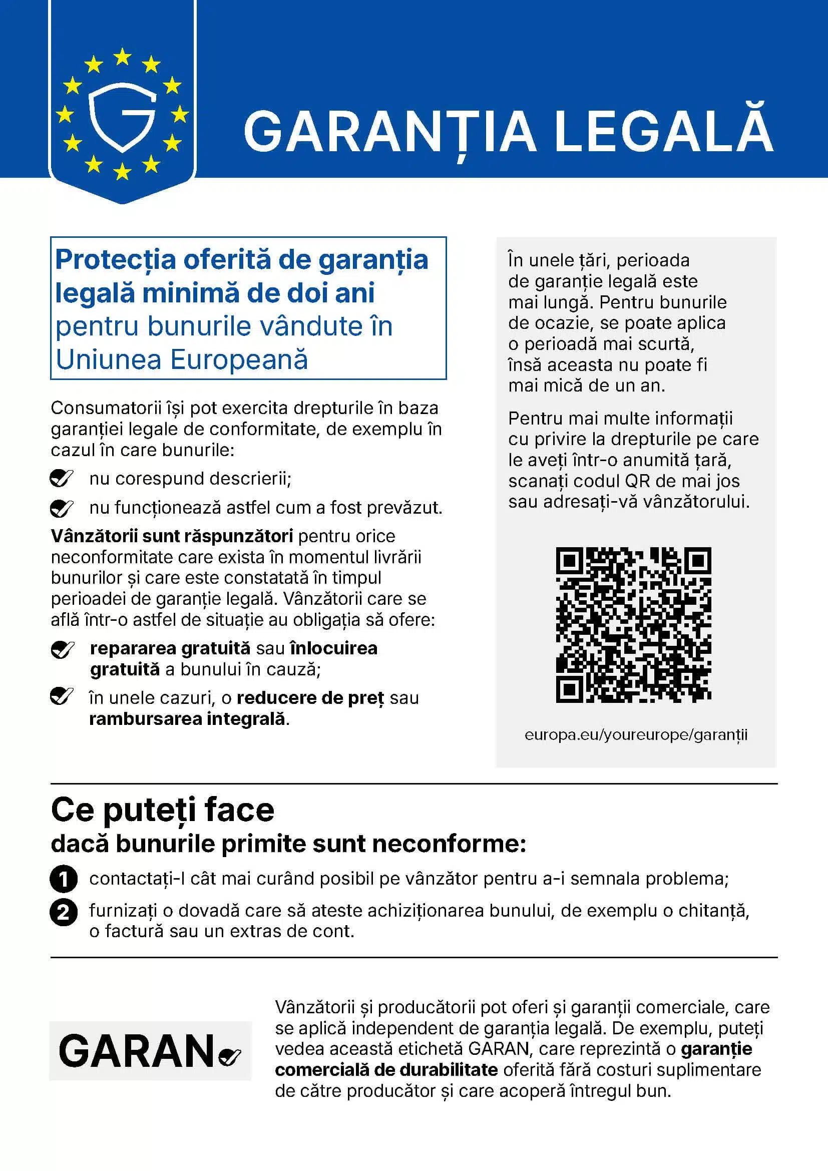 Notificare armonizată privind garanția legală de conformitate